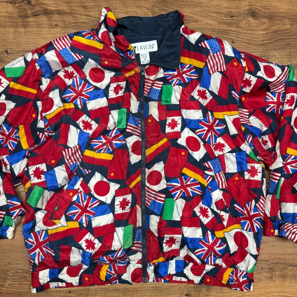 Vintage LAVON Womens XL‎ International World Flags Bomber Jacket Full Zip Silk